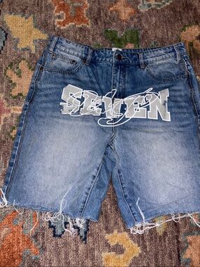Up | Blue Denim Men’s Cutoff Shorts with White Graphic